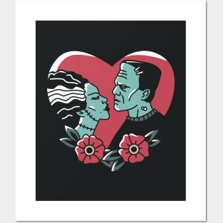 Vintage Monster Love Frankenstein's Monster and Bride of Frankenstein // Retro Tattoo Style Halloween Posters and Art